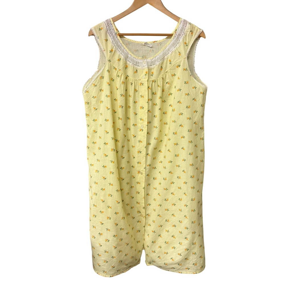 Vintage Greencraft Womens Yellow Floral Lace Trim Button Front Nightgown Large